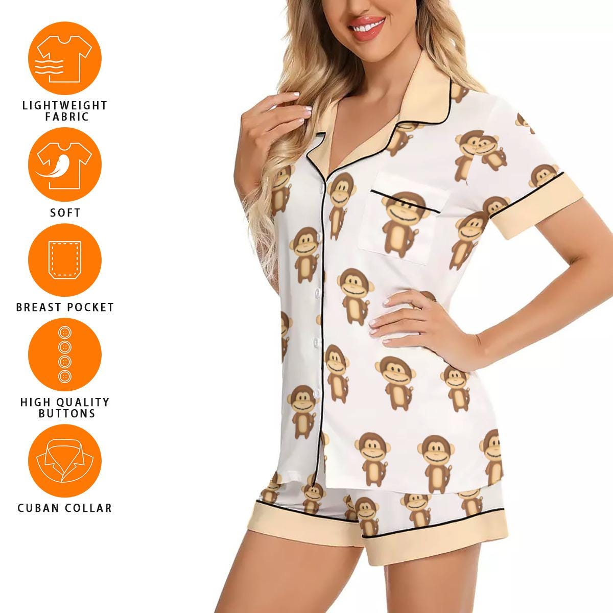 Kawaii Heaven Women's Short Sleeve Monkey Print Pajama Set in Imitation Silk