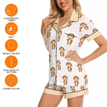 Kawaii Heaven Women's Short Sleeve Monkey Print Pajama Set in Imitation Silk