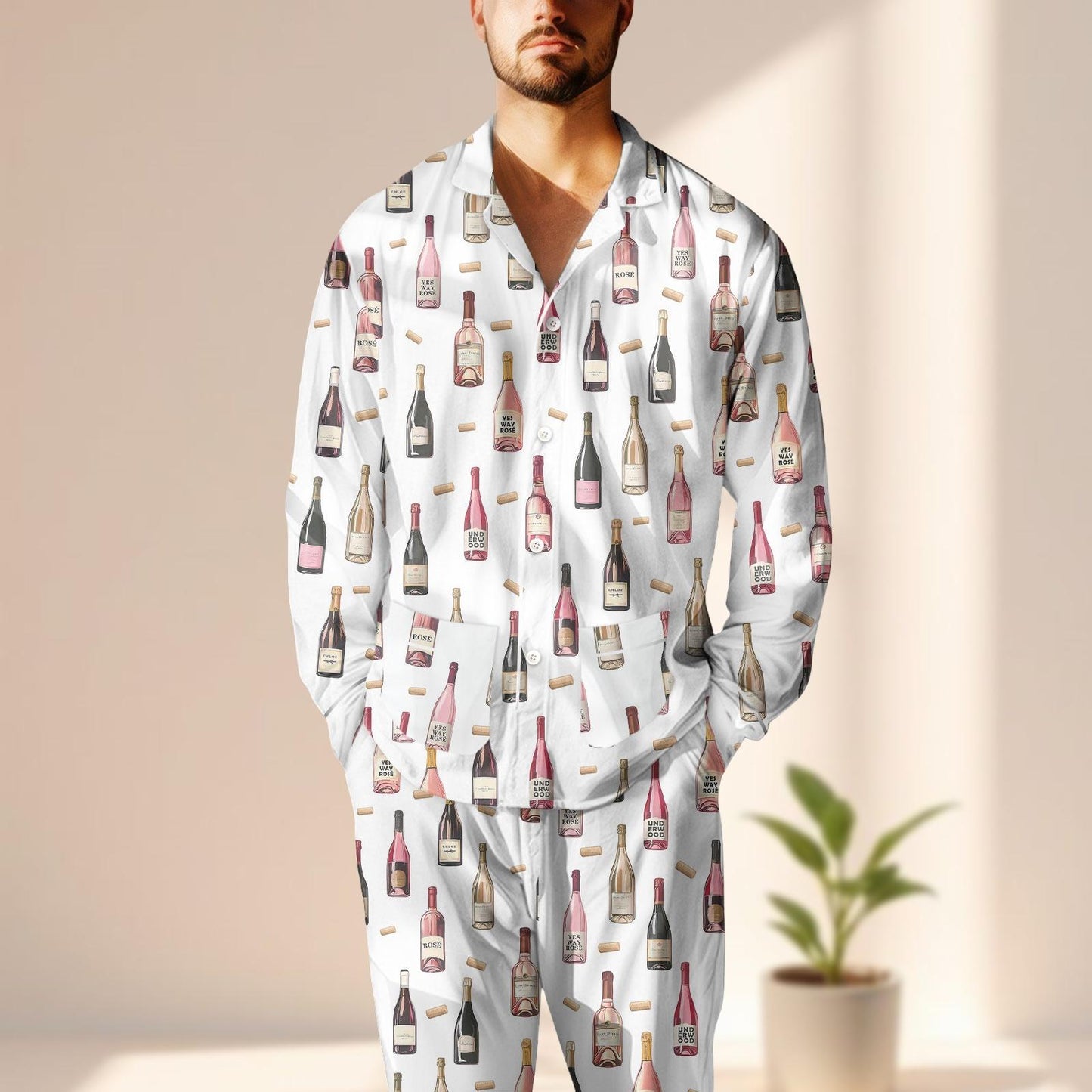 Wine Bottle Satin Pajama Set, Funny Champagne Women Pajamas, Long Sleeve Loungewear, Wine Lover Sleepwear, Birthday Gift For Her