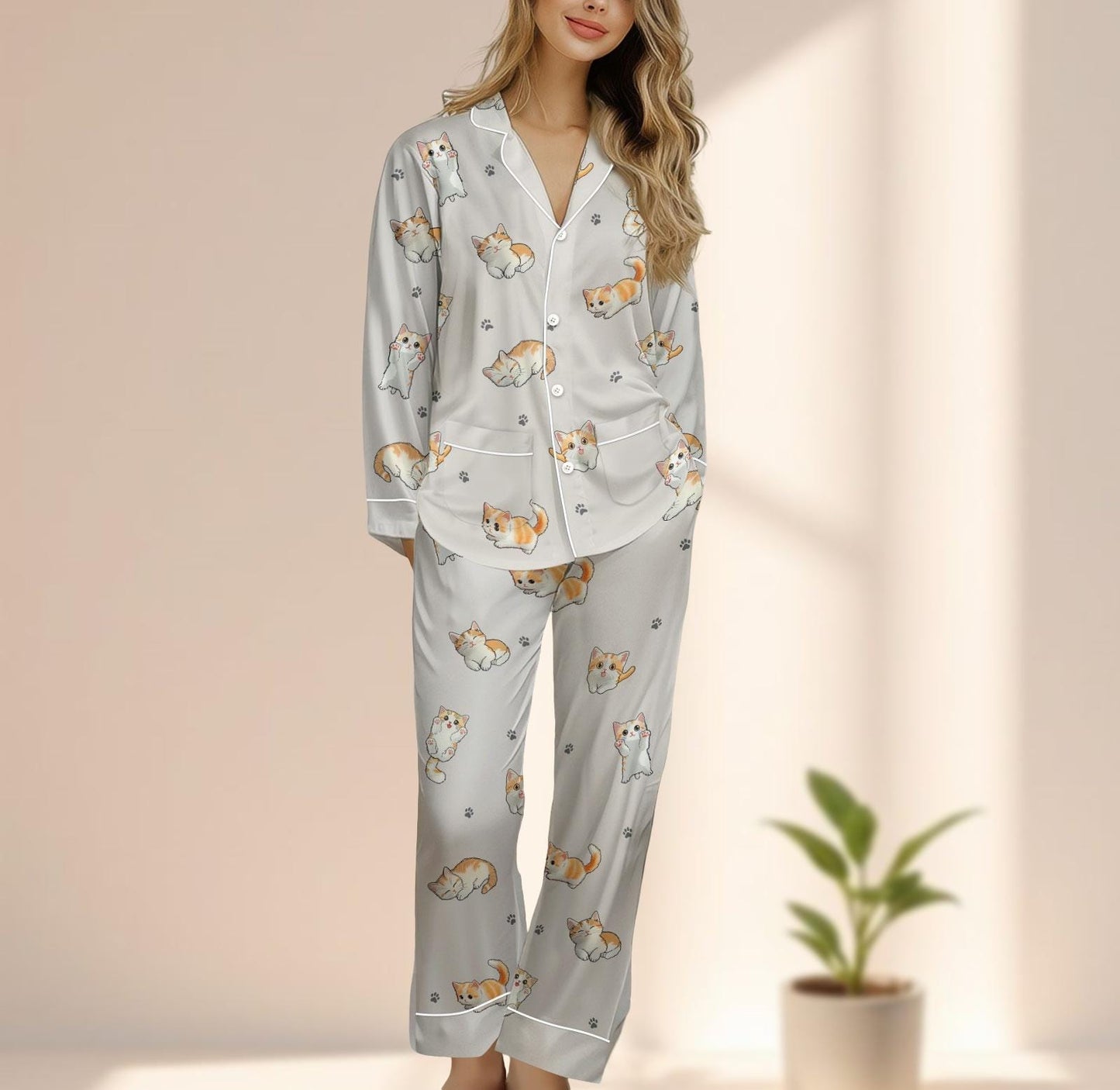 Cute Cat Satin Pajama Set, Kawaii Kitty Sleepwear, Long Sleeve Cozy Loungewear, Funny Pet Matching Pajamas Set, Gift For Cat Lover
