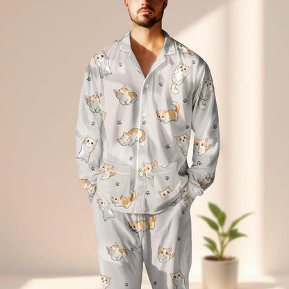 Cute Cat Satin Pajama Set, Kawaii Kitty Sleepwear, Long Sleeve Cozy Loungewear, Funny Pet Matching Pajamas Set, Gift For Cat Lover