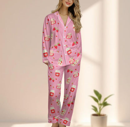 Strawberry Milk Satin Pajama Set, Cute Pink Satin Sleepwear, Funny Long Sleeve Jam Loungewear, Kawaii Women Pajamas, Gift For Her