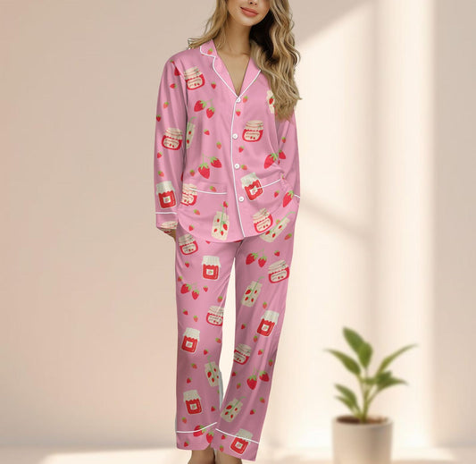 Strawberry Milk Satin Pajama Set, Cute Pink Satin Sleepwear, Funny Long Sleeve Jam Loungewear, Kawaii Women Pajamas, Gift For Her