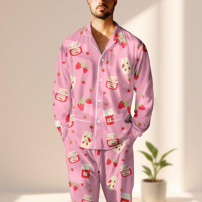 Strawberry Milk Satin Pajama Set, Cute Pink Satin Sleepwear, Funny Long Sleeve Jam Loungewear, Kawaii Women Pajamas, Gift For Her