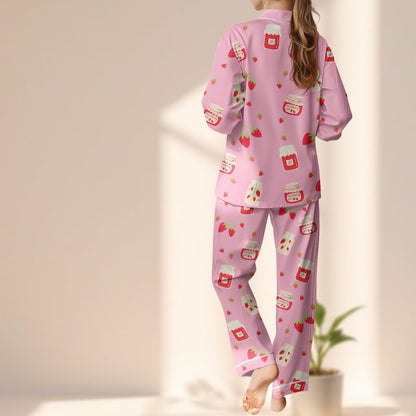 Strawberry Milk Satin Pajama Set, Cute Pink Satin Sleepwear, Funny Long Sleeve Jam Loungewear, Kawaii Women Pajamas, Gift For Her