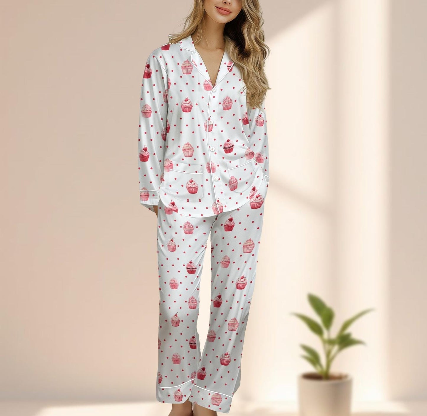 Cute Cupcake Satin Pajama Set, Pink Polka Dot Long Sleeve Sleepwear, Kawaii Dessert Print Loungewear, Matching Pjs, Cozy Gift For Her
