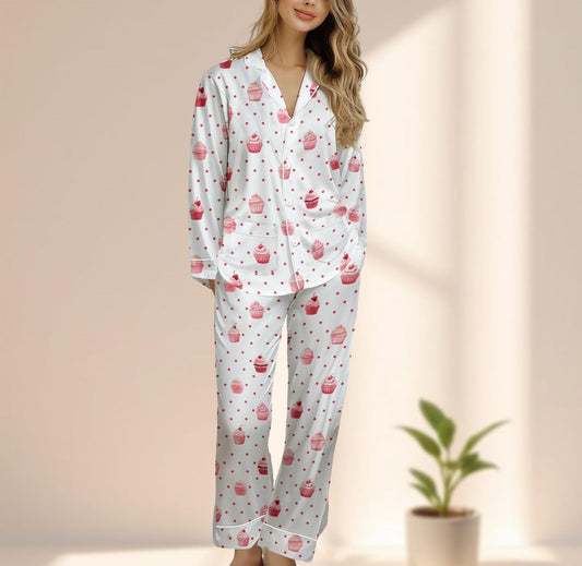 Cute Cupcake Satin Pajama Set, Pink Polka Dot Long Sleeve Sleepwear, Kawaii Dessert Print Loungewear, Matching Pjs, Cozy Gift For Her