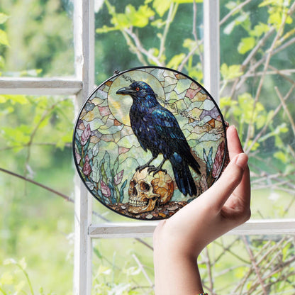 Raven on Skull Gothic Stained Glass Window Sun Catcher for Halloween or Friend Gift