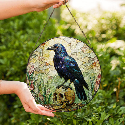 Raven on Skull Gothic Stained Glass Window Sun Catcher for Halloween or Friend Gift