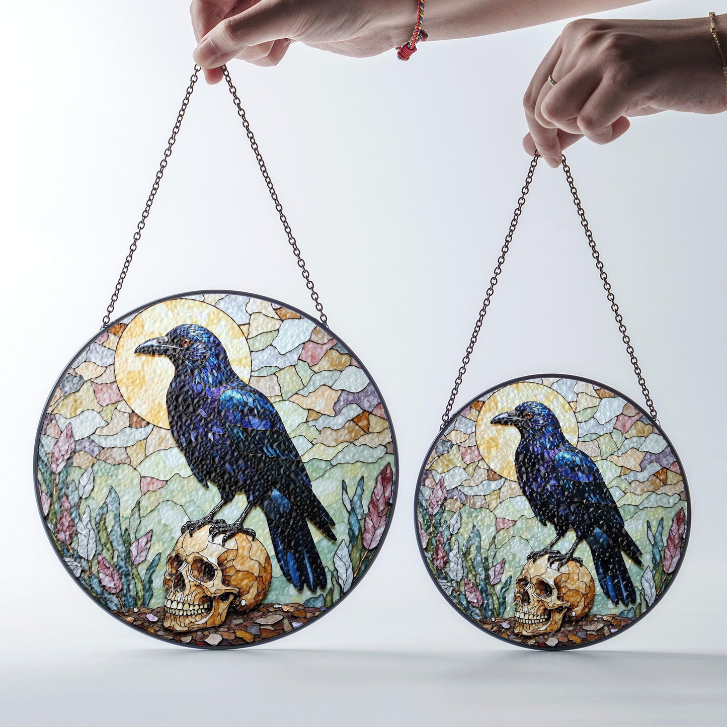 Raven on Skull Gothic Stained Glass Window Sun Catcher for Halloween or Friend Gift