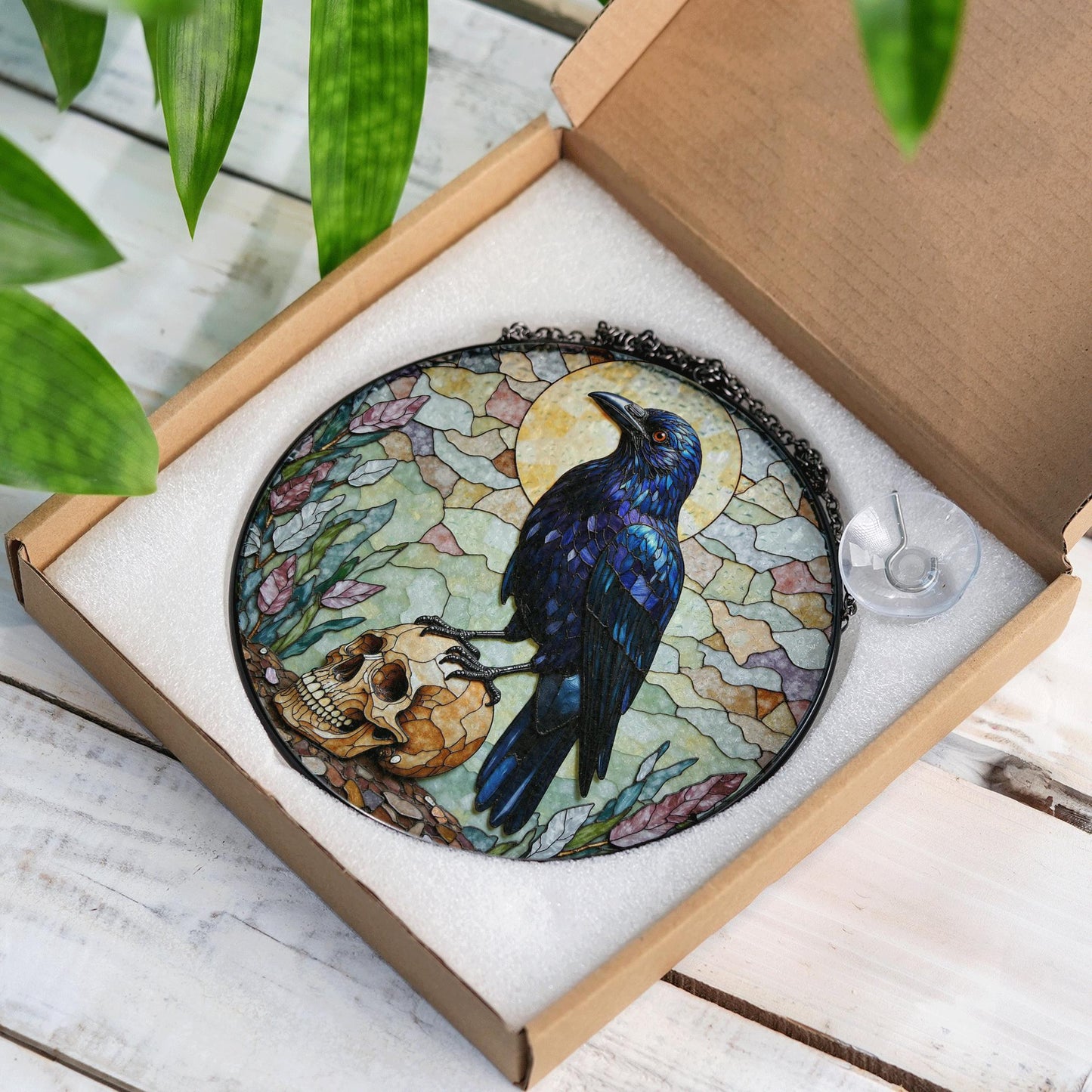 Raven on Skull Gothic Stained Glass Window Sun Catcher for Halloween or Friend Gift