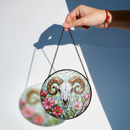 ram skull with wildflowers stained glass suncatcher rustic decor gift for nature lovers