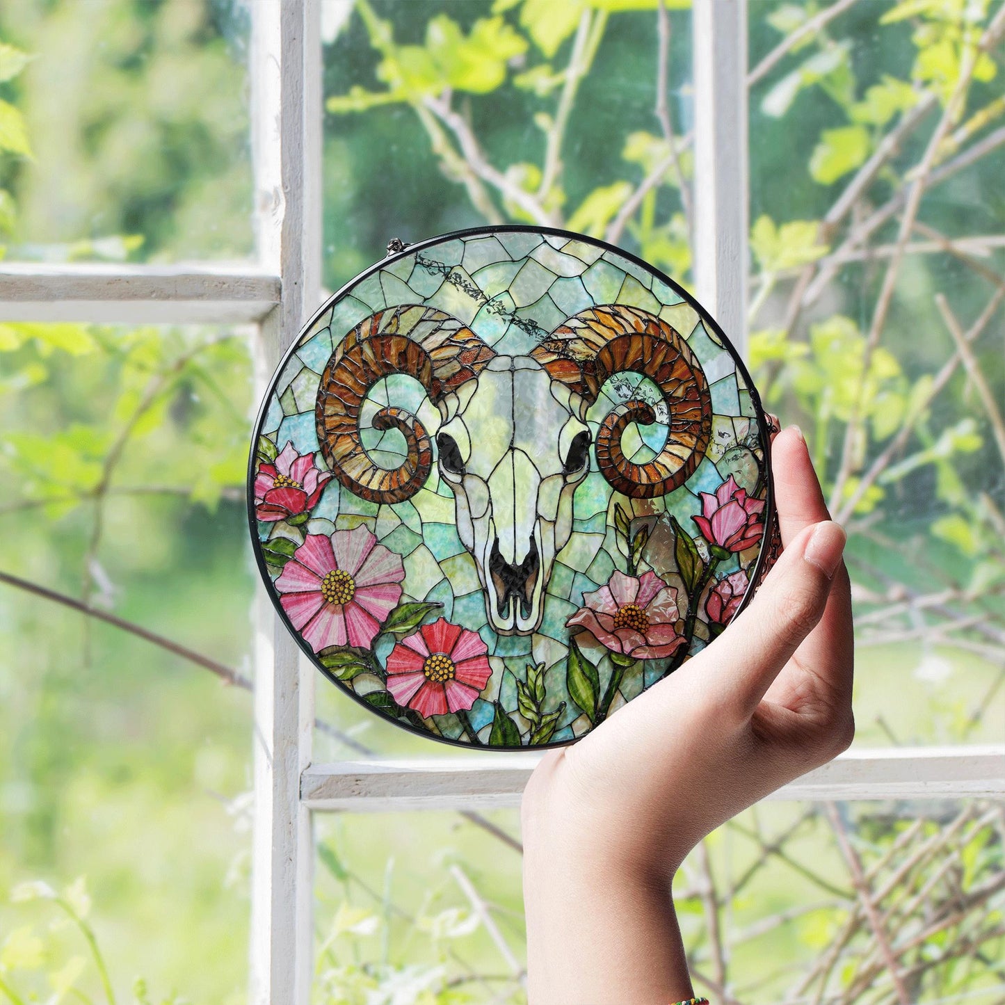 ram skull with wildflowers stained glass suncatcher rustic decor gift for nature lovers