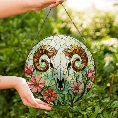 ram skull with wildflowers stained glass suncatcher rustic decor gift for nature lovers
