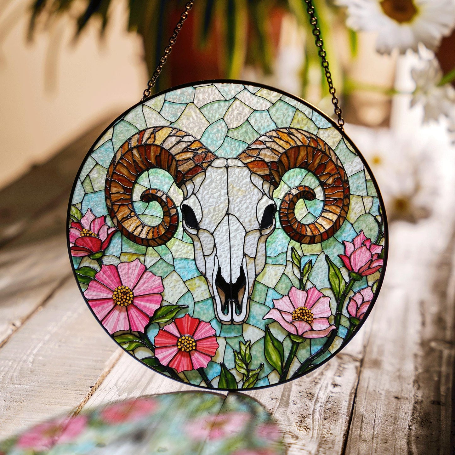 ram skull with wildflowers stained glass suncatcher rustic decor gift for nature lovers