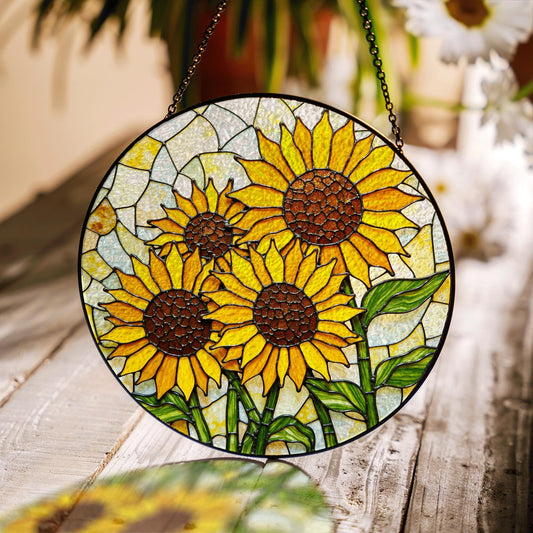 Bright Sunflowers Stained Glass Window Hanging Suncatcher Sun Catcher Gift for Mom or Nature Lover