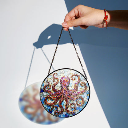 Vibrant octopus mosaic glass suncatcher undersea animal decor gift for ocean lovers