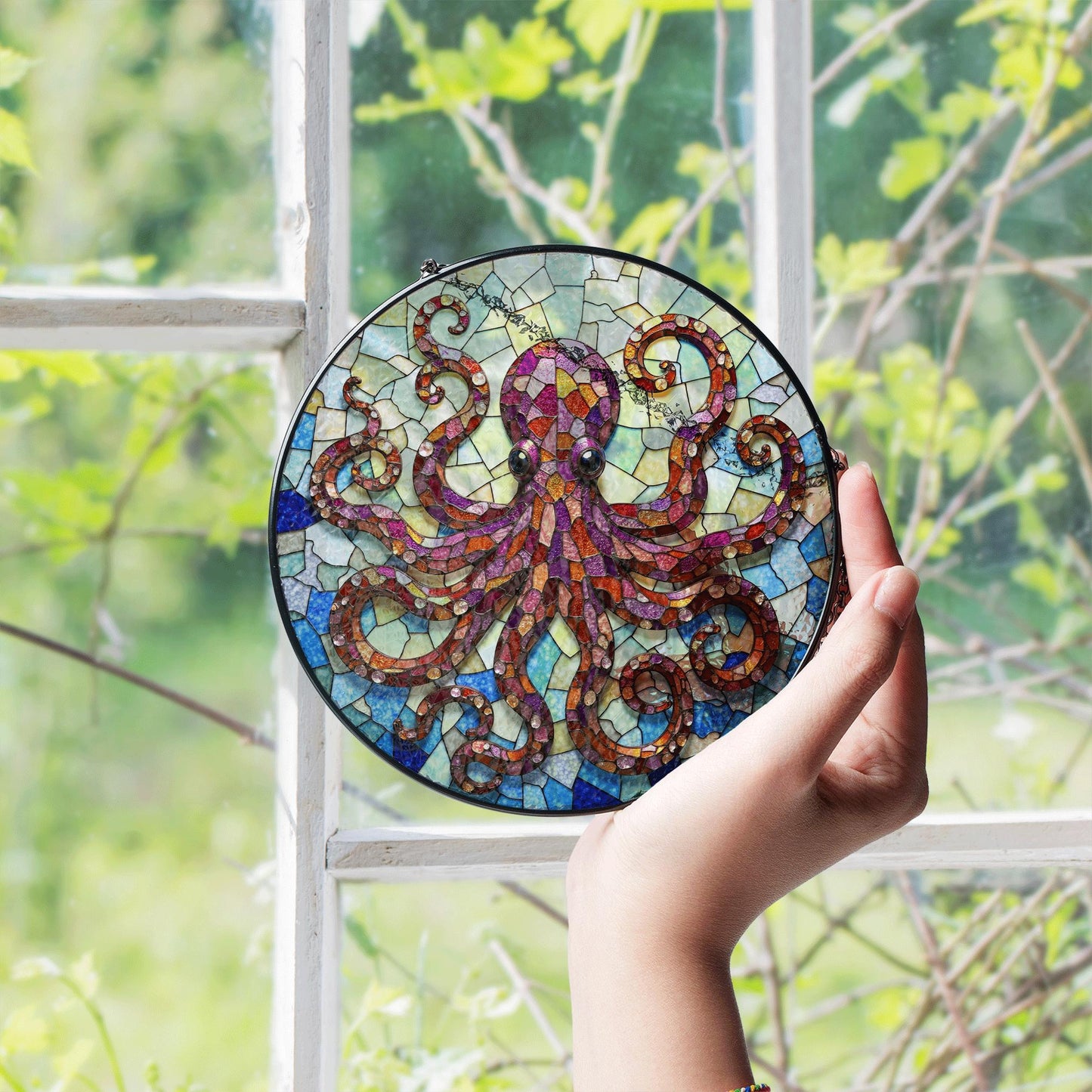 Vibrant octopus mosaic glass suncatcher undersea animal decor gift for ocean lovers