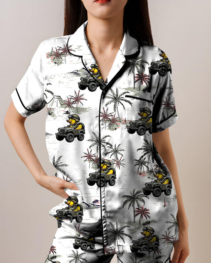 Rubber Duck Army Pajamas, Off-Road Vehicle AOP Satin Short Sleeve Set, Cute USA Themed Sleepwear for Her