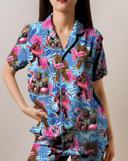 Pool Party Bigfoot Pajamas, Flamingo Float Satin Sleepwear, Pink Summer Holiday PJs, AOP Short-Sleeve Beach Pajama Set