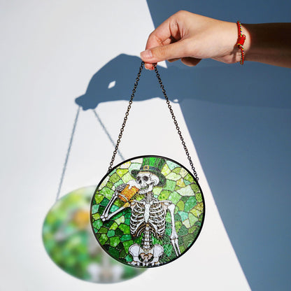 skeleton holding beer stained glass suncatcher for window gift for beer lover friend
