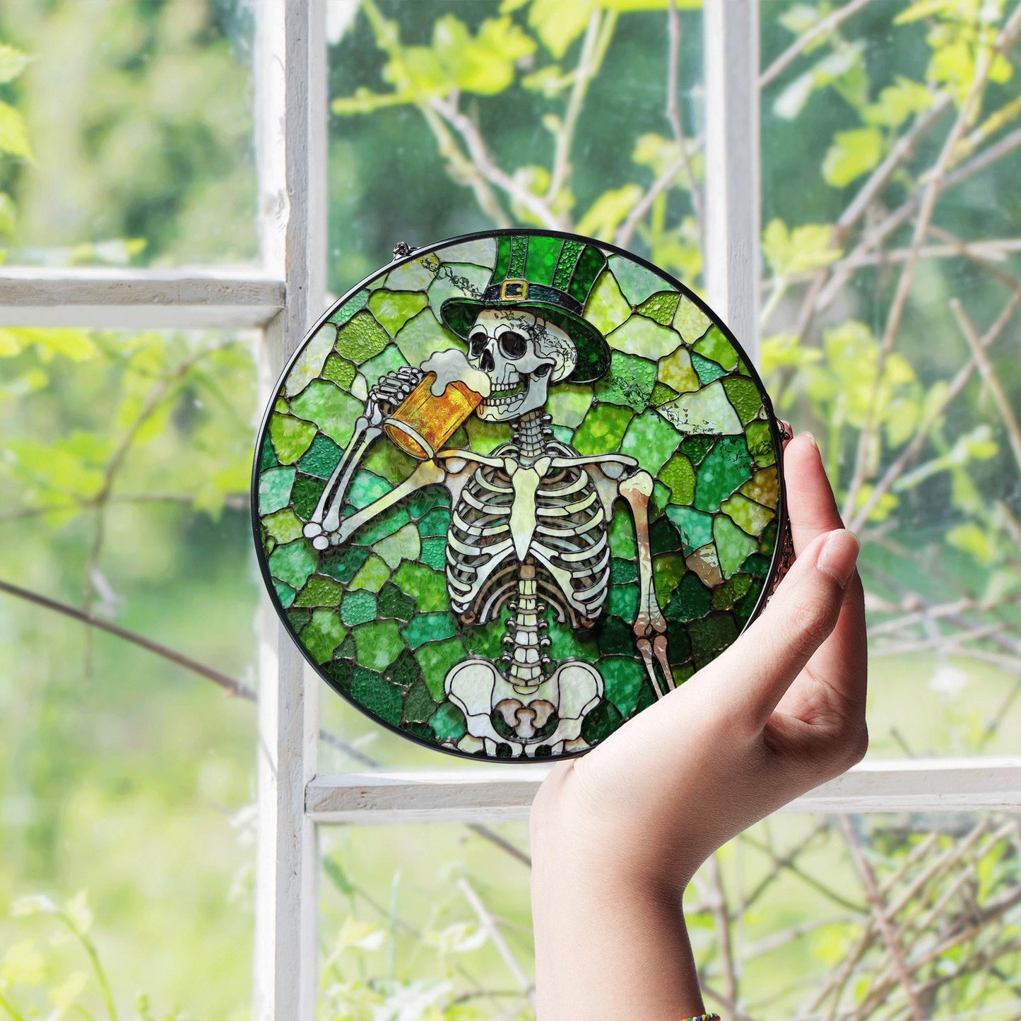 skeleton holding beer stained glass suncatcher for window gift for beer lover friend