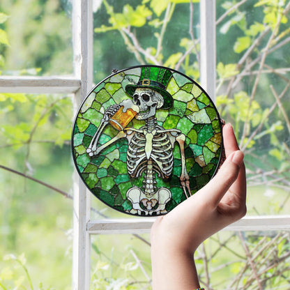skeleton holding beer stained glass suncatcher for window gift for beer lover friend