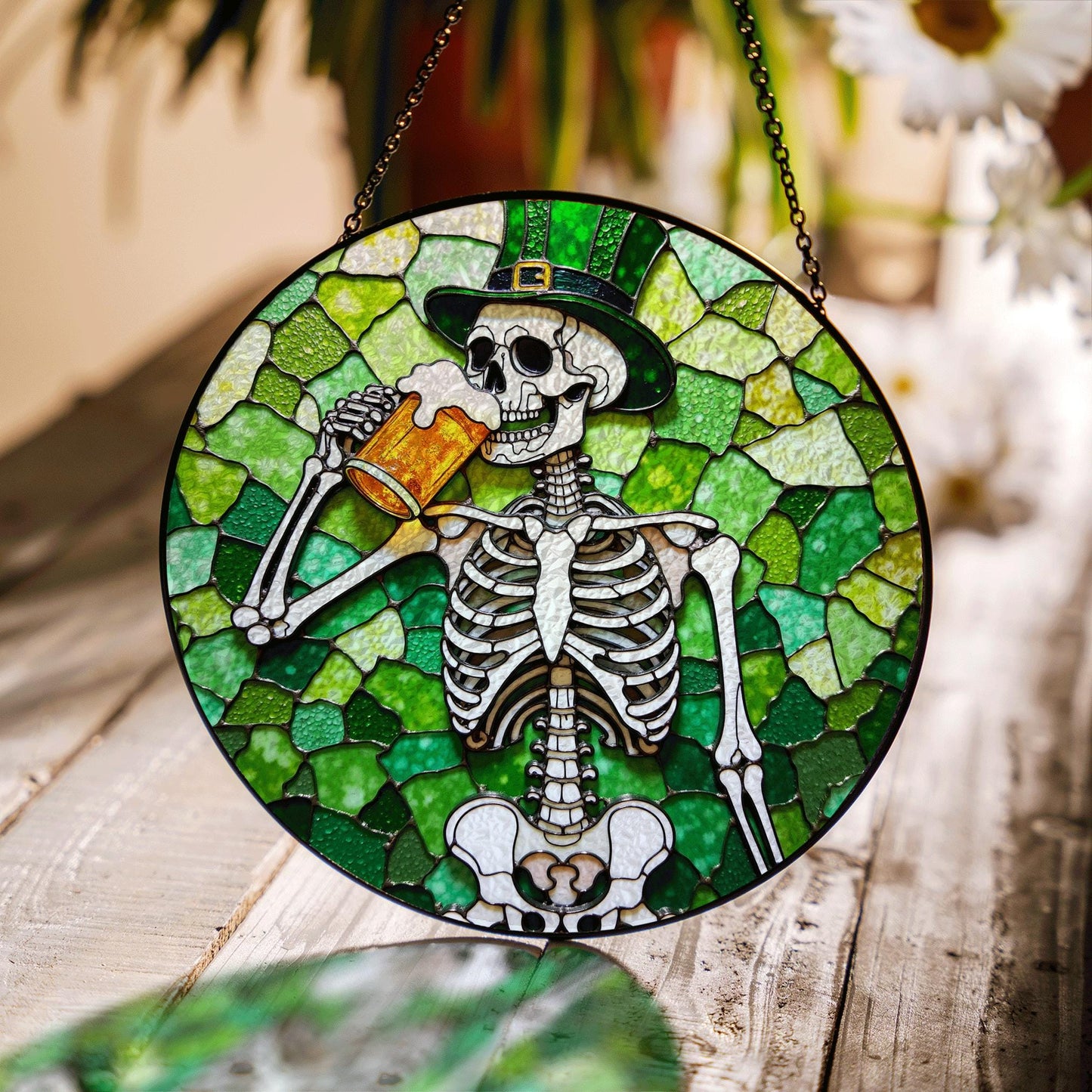 skeleton holding beer stained glass suncatcher for window gift for beer lover friend