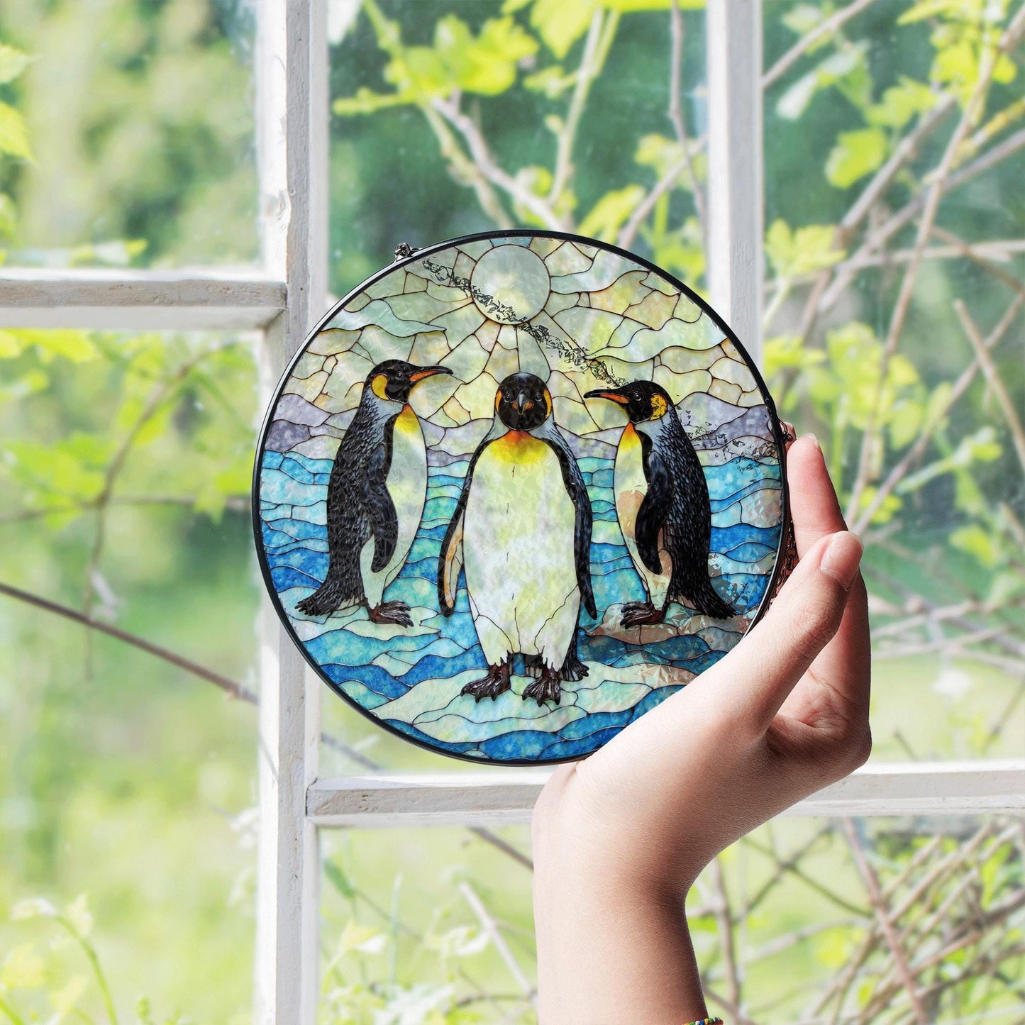 Three emperor penguins arctic stained glass suncatcher wildlife window decor gift for animal lovers