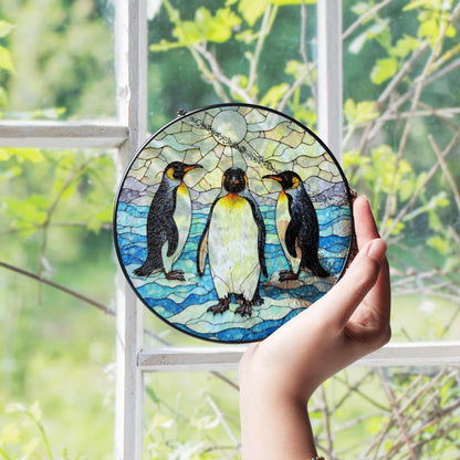 Three emperor penguins arctic stained glass suncatcher wildlife window decor gift for animal lovers
