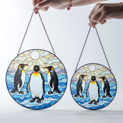 Three emperor penguins arctic stained glass suncatcher wildlife window decor gift for animal lovers