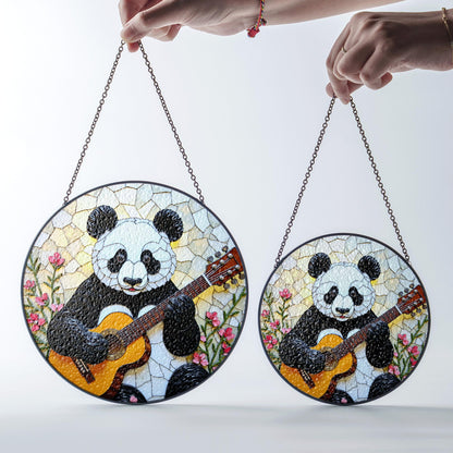 Panda Playing Guitar Suncatcher Stained Glass Window Decor Gift for Music Lover