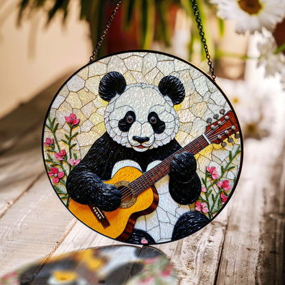 Panda Playing Guitar Suncatcher Stained Glass Window Decor Gift for Music Lover