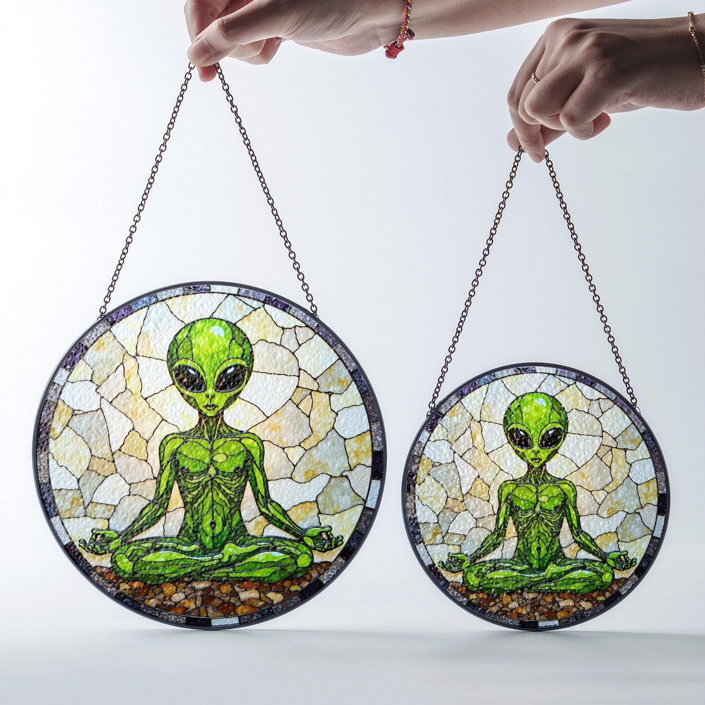 Meditating Alien Stained Glass Style Round Suncatcher Gift for UFO Lovers