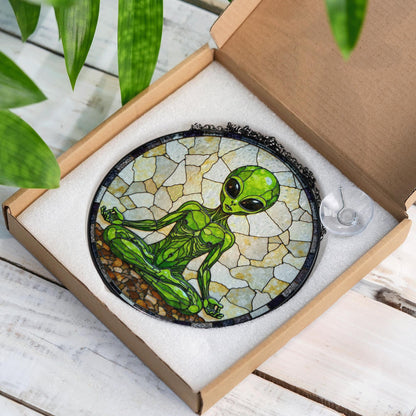 Meditating Alien Stained Glass Style Round Suncatcher Gift for UFO Lovers