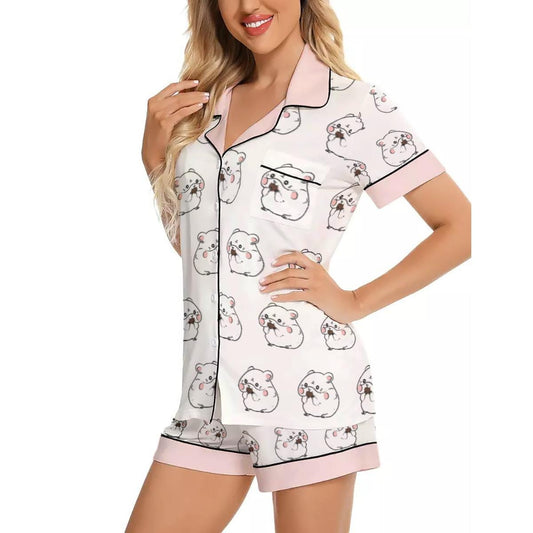 Kawaii Heaven Women's Short Sleeve Hamster Print Pajama Set in Imitation Silk