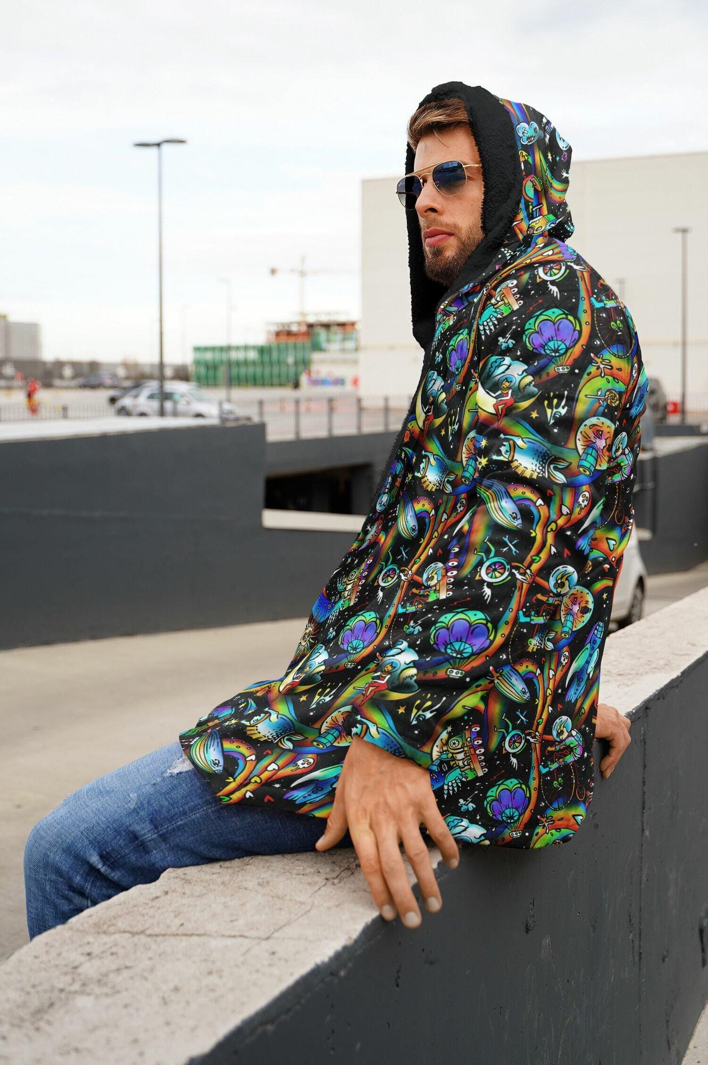 Hooded Cloak Psychedelic Micro-fleece Cloak Festival Rave Party Wear EDM Festival Cape Rave Trippy Jacket Party Lover Gift for Raver