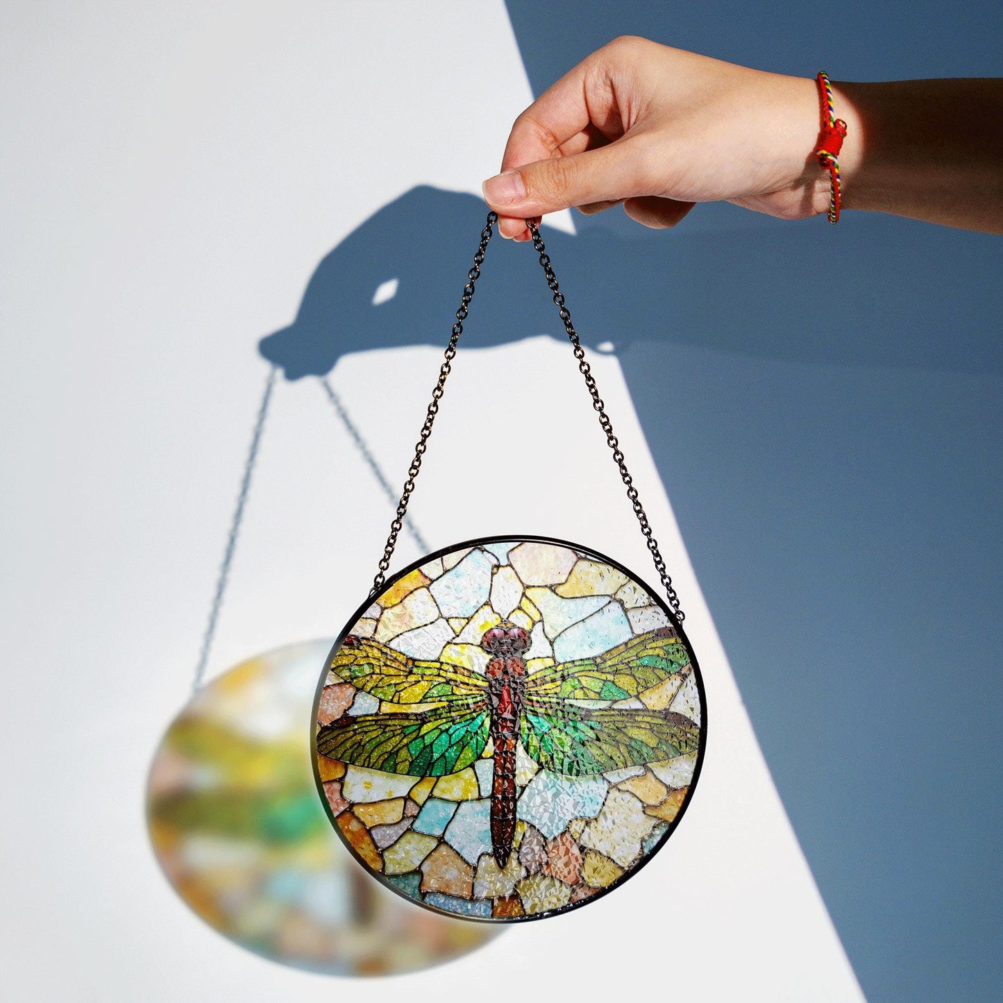Green Dragonfly Stained Glass Suncatcher Round Window Decor Gift for Nature Lover