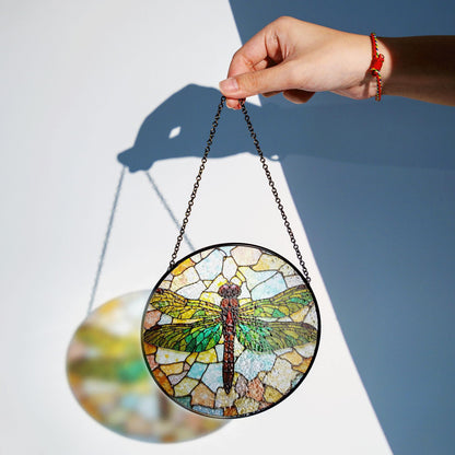 Green Dragonfly Stained Glass Suncatcher Round Window Decor Gift for Nature Lover