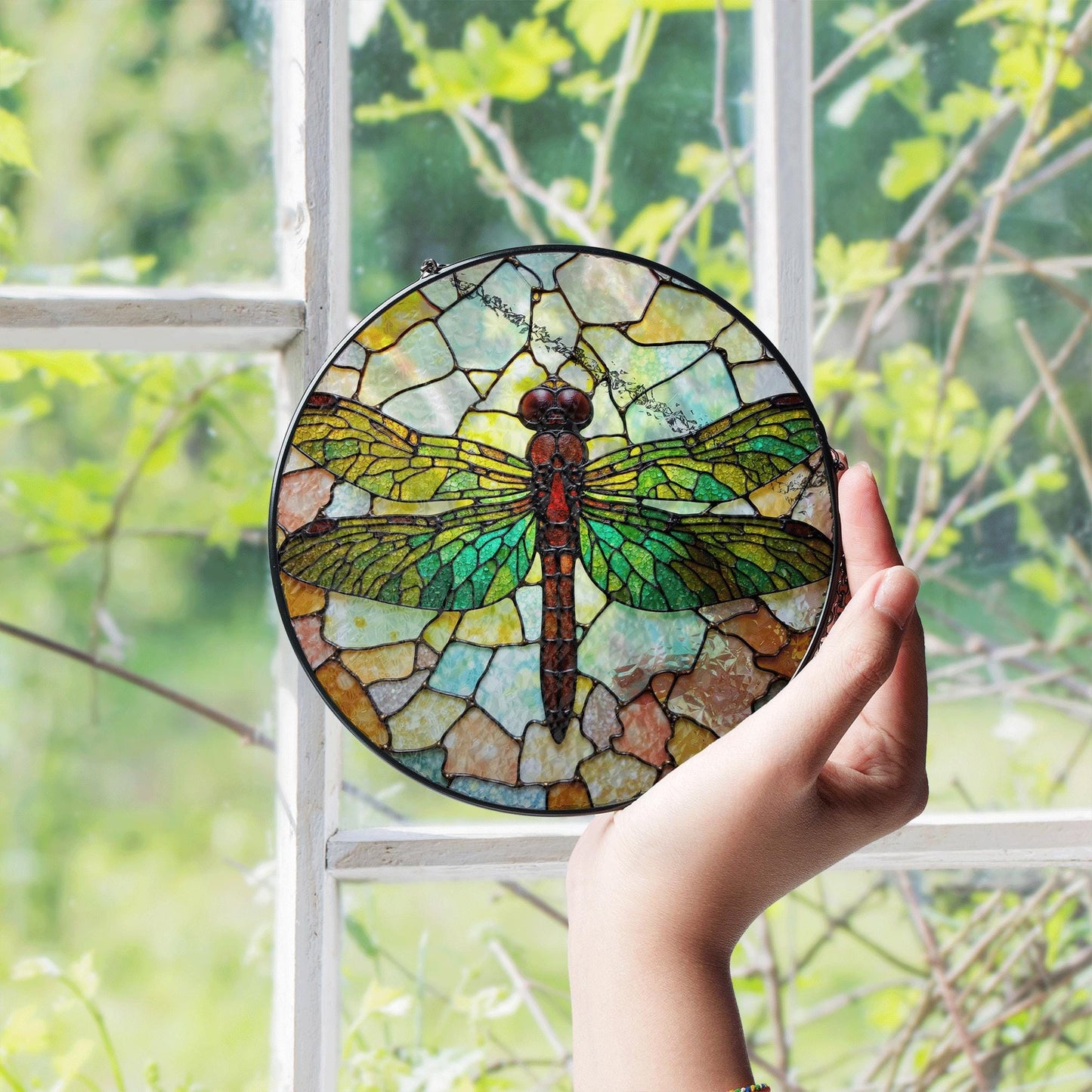 Green Dragonfly Stained Glass Suncatcher Round Window Decor Gift for Nature Lover