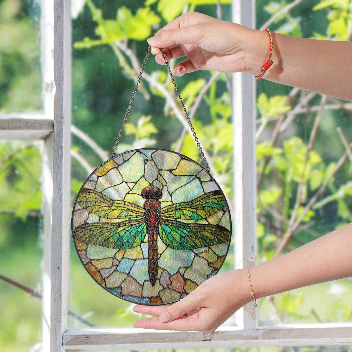 Green Dragonfly Stained Glass Suncatcher Round Window Decor Gift for Nature Lover
