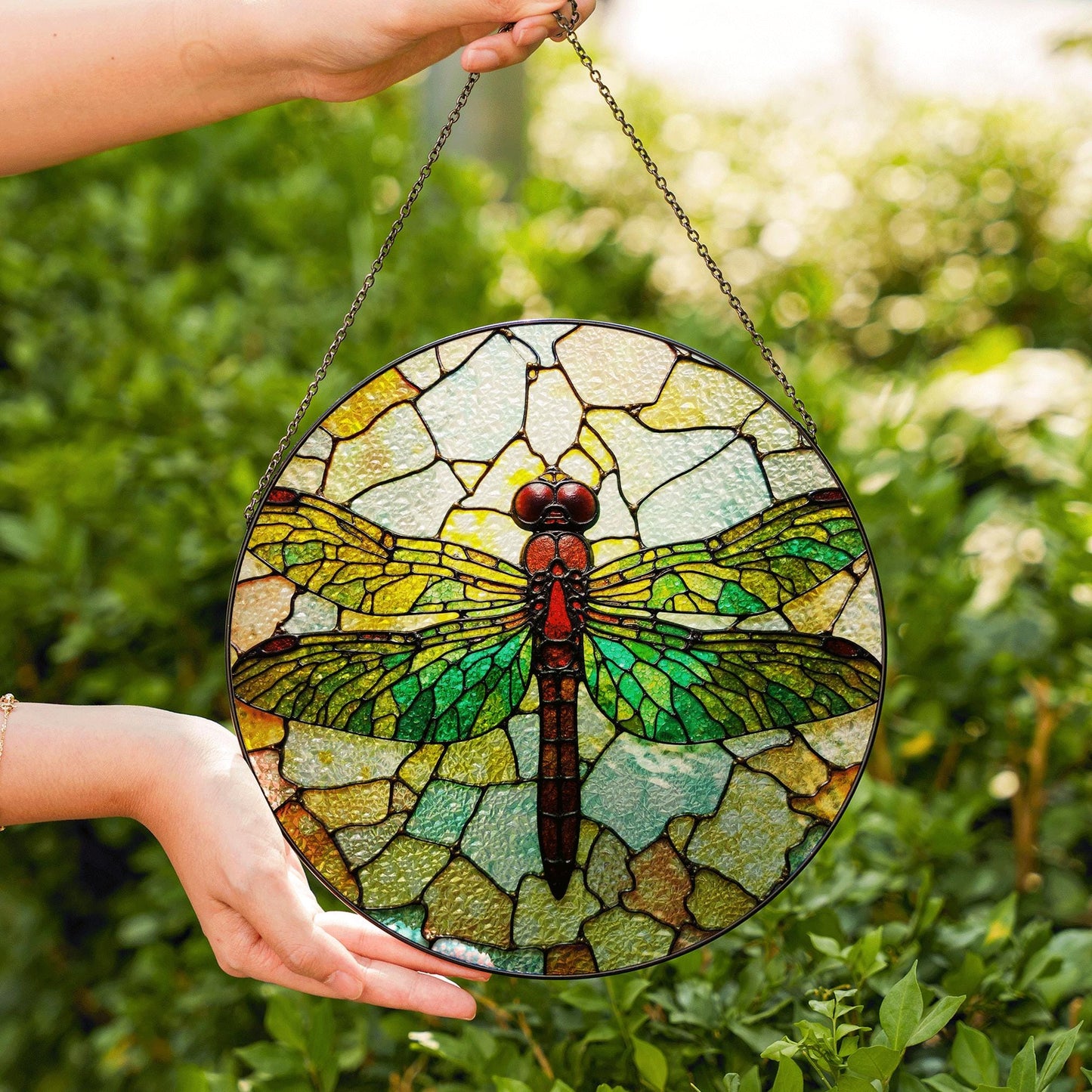 Green Dragonfly Stained Glass Suncatcher Round Window Decor Gift for Nature Lover