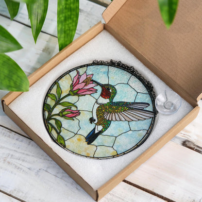 Hummingbird and pink flowers round glass suncatcher window decor gift for bird lover mom