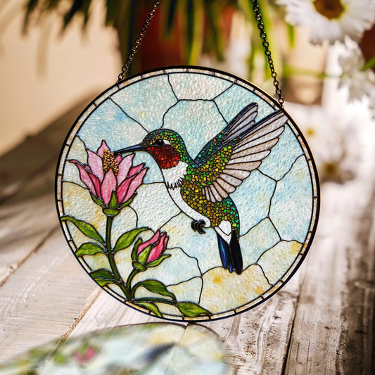 Hummingbird and pink flowers round glass suncatcher window decor gift for bird lover mom