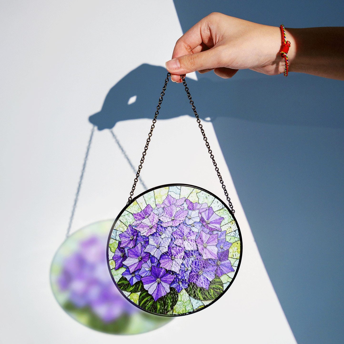 Purple hydrangea floral round stained glass suncatcher window hanging gift for mom