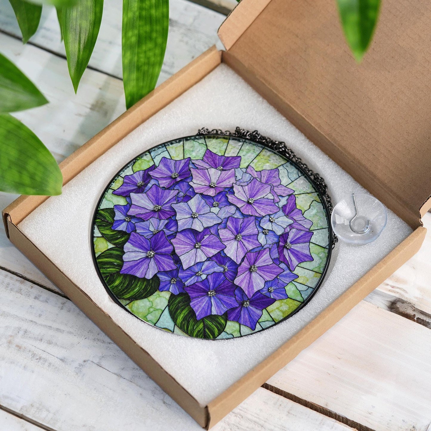 Purple hydrangea floral round stained glass suncatcher window hanging gift for mom