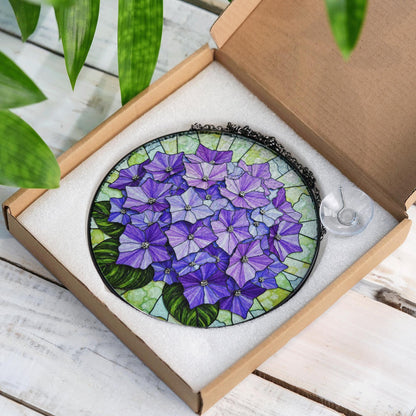 Purple hydrangea floral round stained glass suncatcher window hanging gift for mom