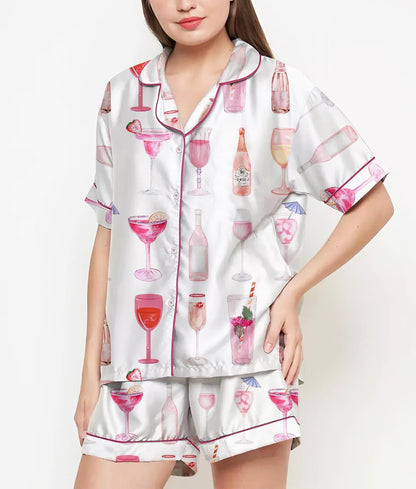 Champagne Cocktail Pajamas Satin Set, Coquette Shirt, Mother Gift, Birthday Gift,Pjs For Women, Bridesmaid Gifts, Party Gift, Pink Coquette
