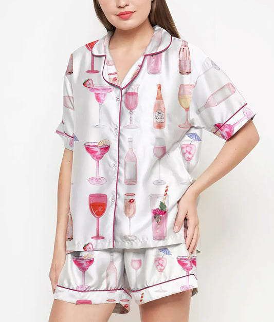 Champagne Cocktail Pajamas Satin Set, Coquette Shirt, Mother Gift, Birthday Gift,Pjs For Women, Bridesmaid Gifts, Party Gift, Pink Coquette