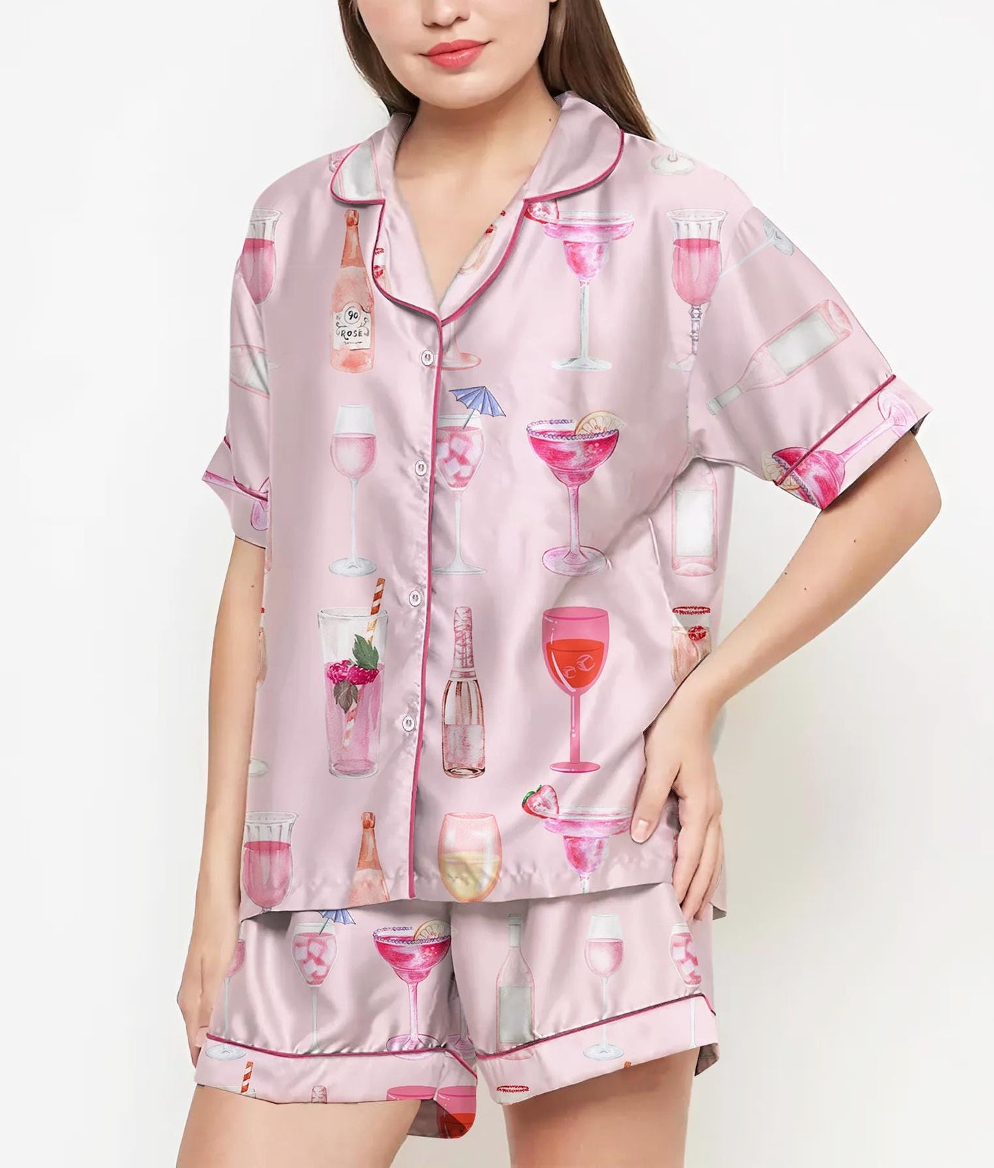 Champagne Cocktail Pajamas Satin Set, Coquette Shirt, Mother Gift, Birthday Gift,Pjs For Women, Bridesmaid Gifts, Party Gift, Pink Coquette